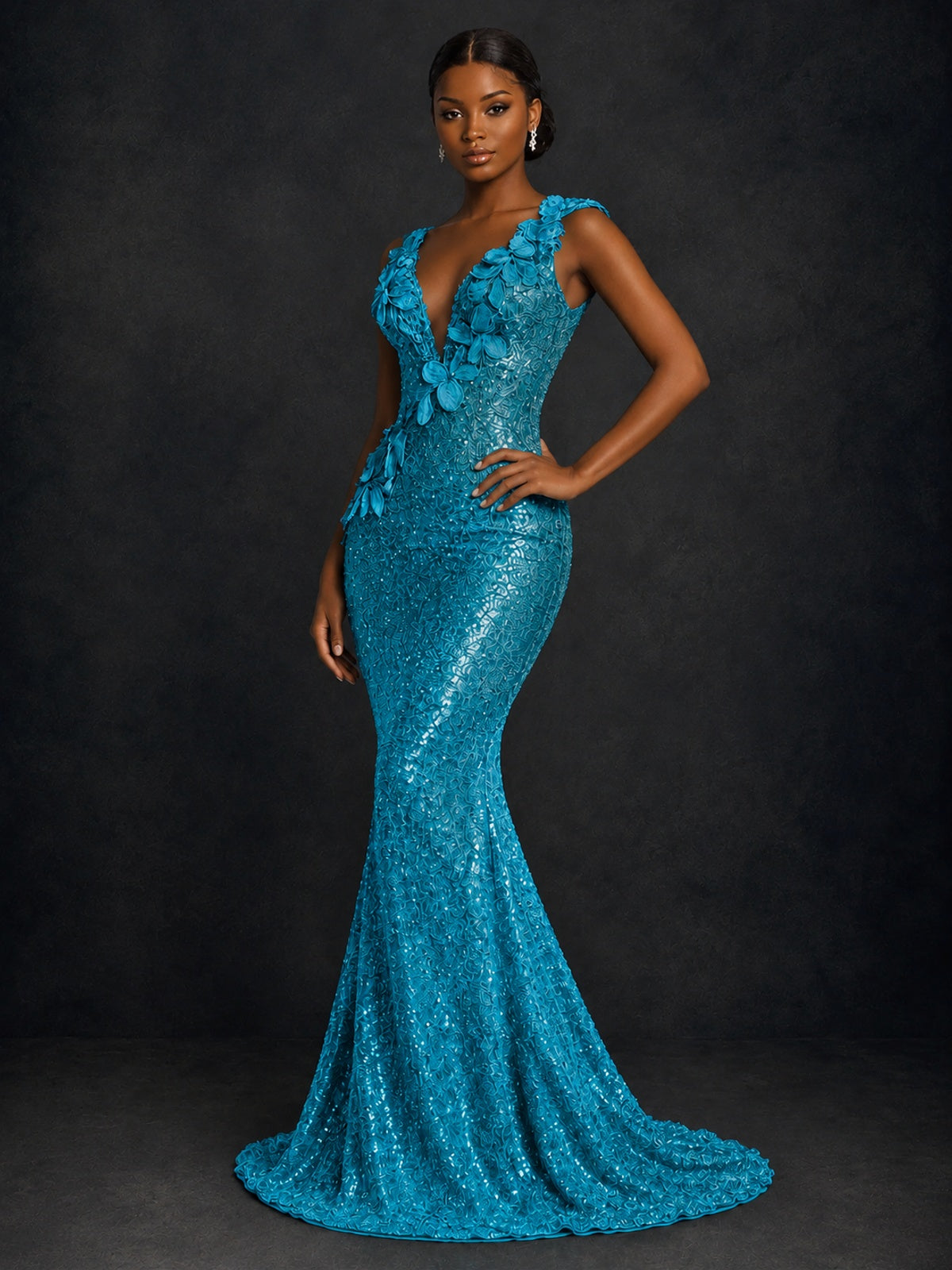 Gold Sequin Floral Applique Mermaid Prom Dress
