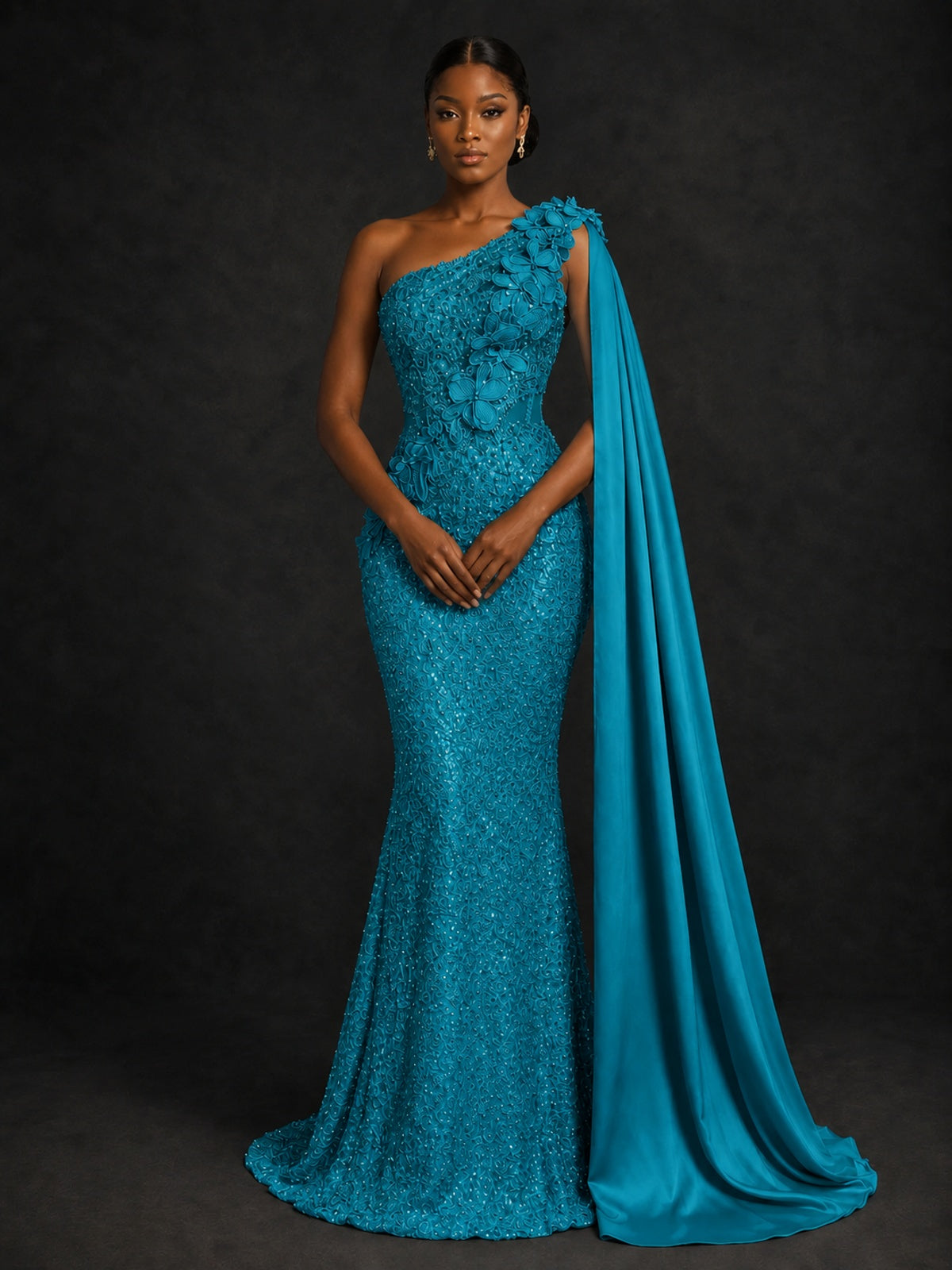 Gold Sequin One Shoulder Mermaid Prom Dress with Cape