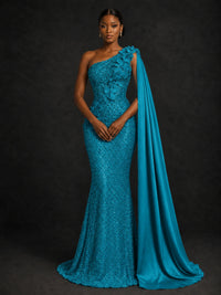 Gold Sequin One Shoulder Mermaid Prom Dress with Cape