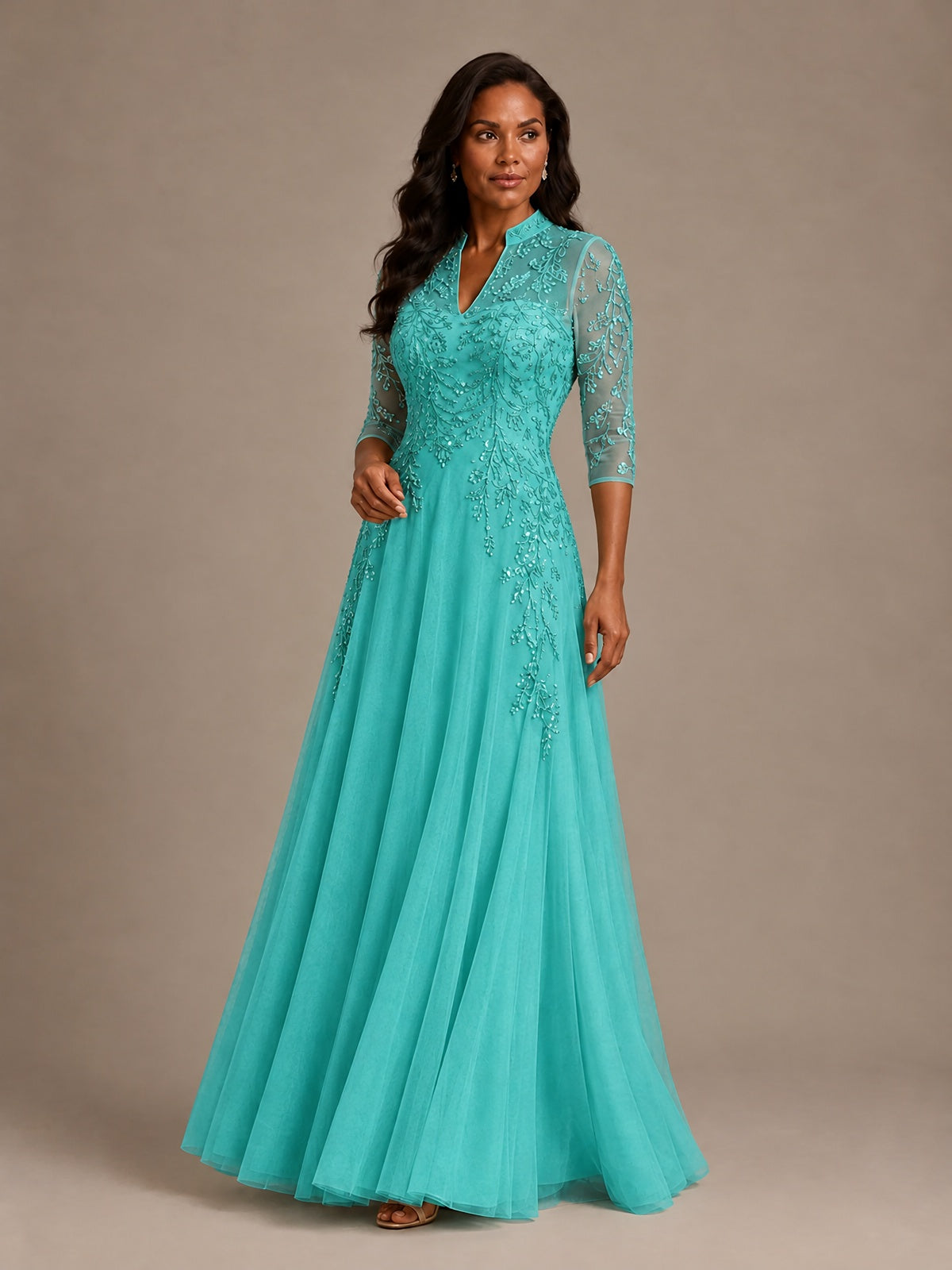 Embellished Appliques Mother of the Bride Dress with 3/4 Sleeves