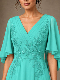 V-Neck Chiffon Lace Mother of the Bride Dress with Flutter Sleeves