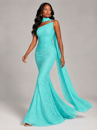 Pleated Chiffon Lace Prom Dresses Long Bodycon Mermaid with Scarf