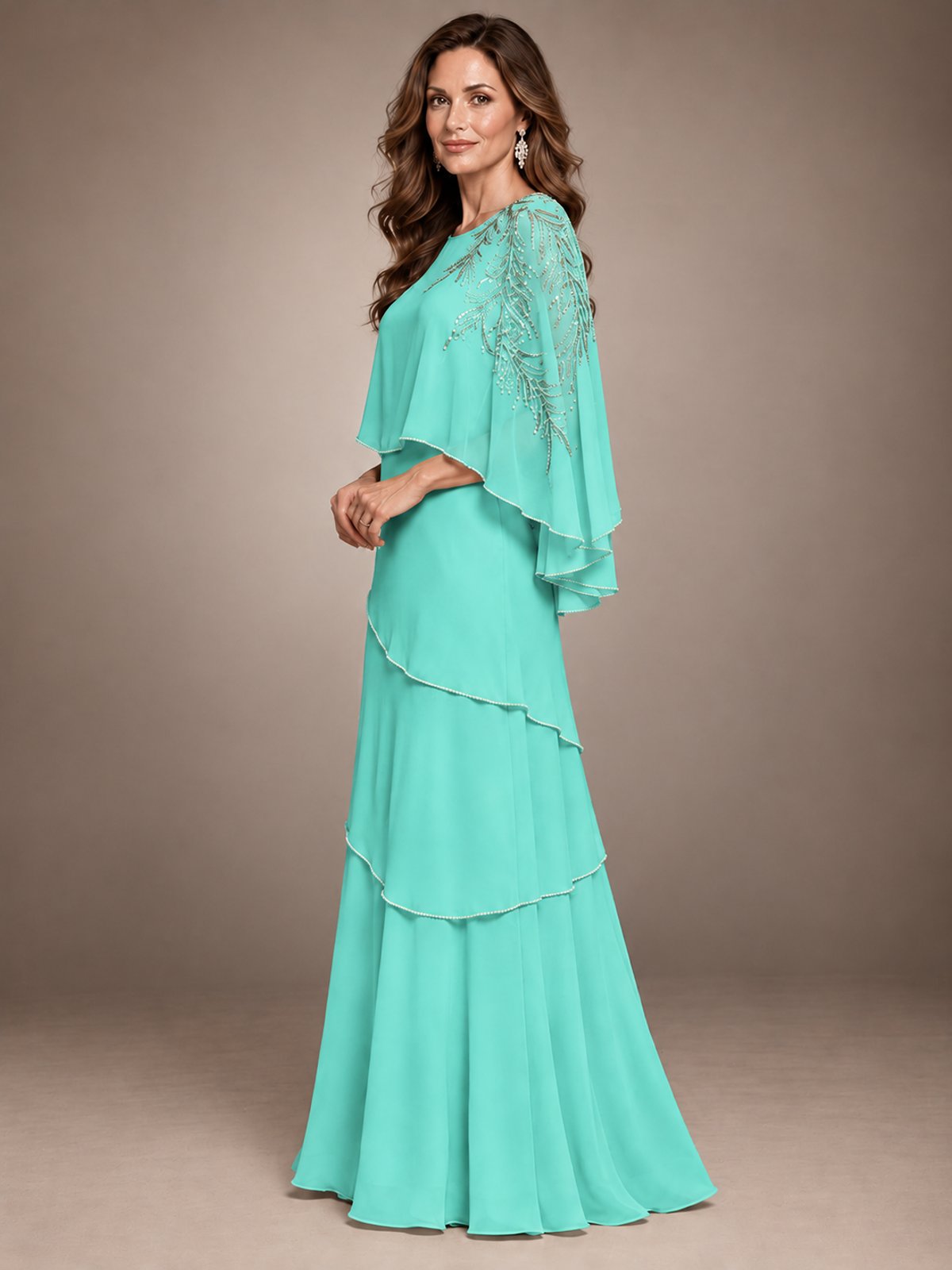 Elegant Chiffon Cape Sleeve Beaded Mother of the Bride Dress