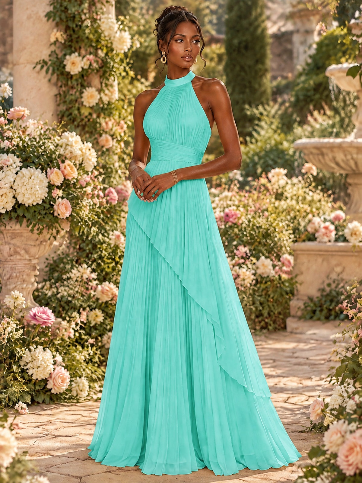 Wrap Pleated Prom Dress Halter A-line Chiffon Formal Wedding Dress
