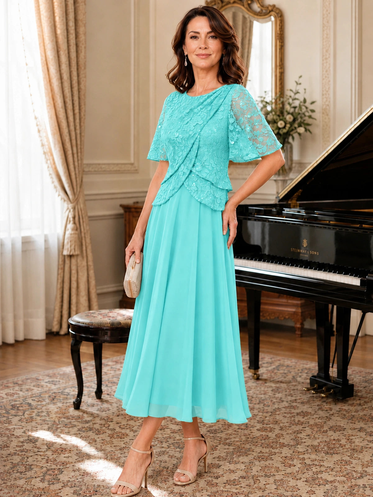 Tea-Length Chiffon Mother of the Bride Dress with Sequin Lace Sleeves