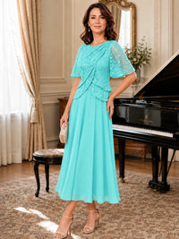 Tea-Length Chiffon Mother of the Bride Dress with Sequin Lace Sleeves