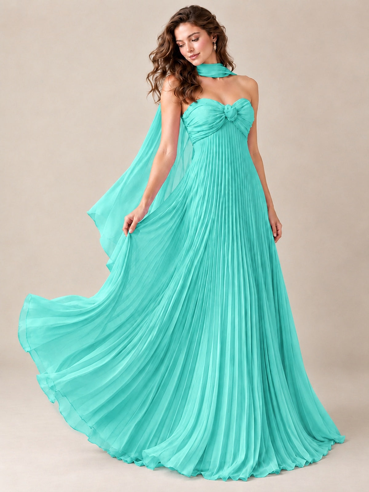 Sweetheart Neckline Pleated Prom Dress Strapless A-line Formal Dress with Flowy Scarf