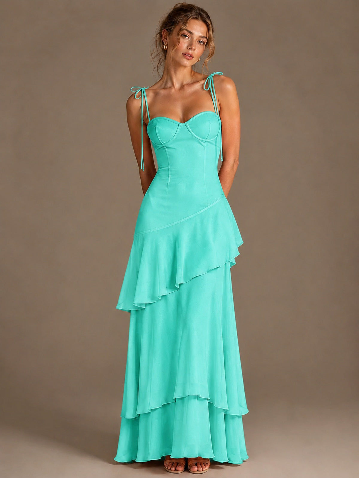 Spaghetti Strap Tiered Ruffles Chiffon Prom Dress