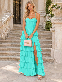 Ruffled Tiered Chiffon Prom Dress Spaghetti Straps Formal Maxi Dress with Slit
