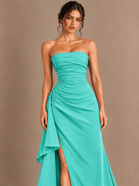 Black and White Strapless Ruched Prom Dress with High Slit & Side Drape