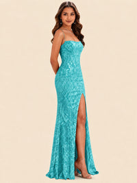 Sequin Lace Appliques Mermaid Prom Dress Spaghetti Strap Formal Gowns with Slit