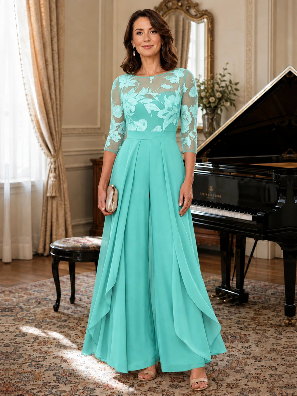 Lace Applique Wide-Leg Chiffon Mother of the Bride Jumpsuit