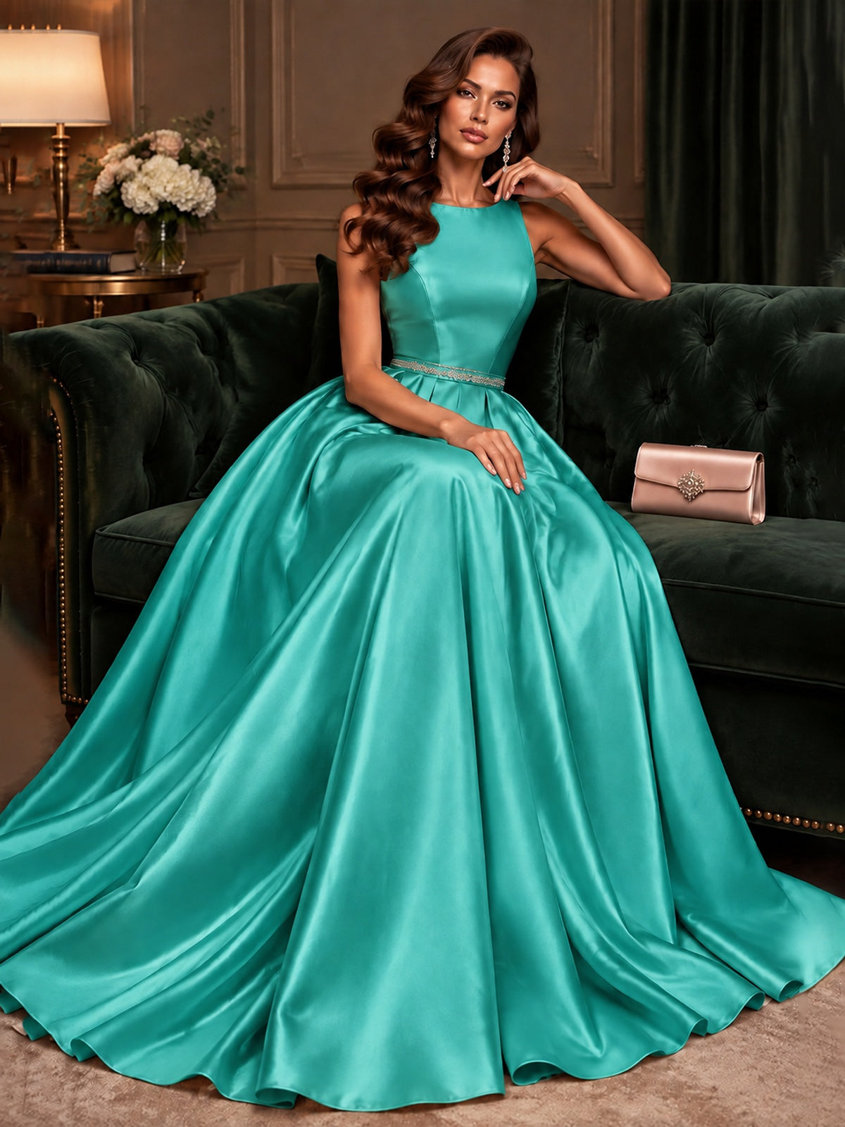 Satin A-Line Prom Dress Sleeveless Beaded Waist Formal Gown with Pockets