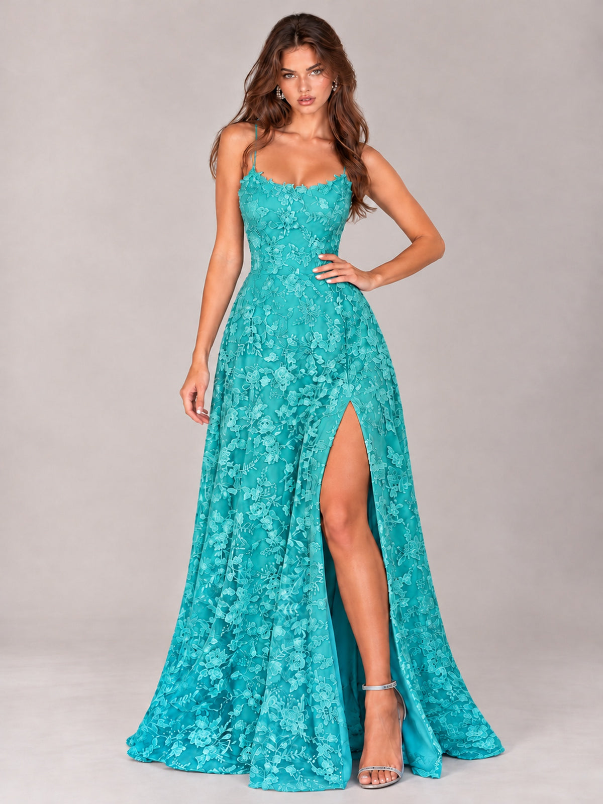 Floral Lace A-Line Prom Dress with Spaghetti Straps & High Slit