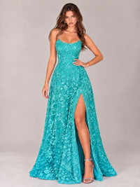Floral Lace A-Line Prom Dress with Spaghetti Straps & High Slit