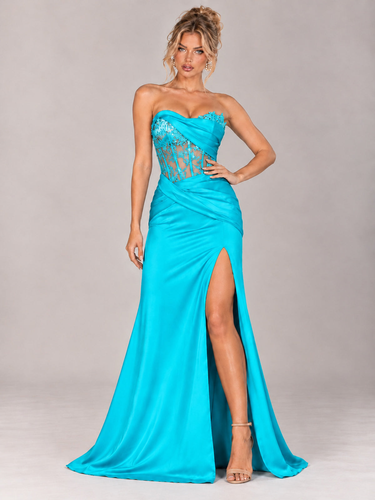 Strapless Satin Prom Dress with Sheer Lace Corset & High Slit