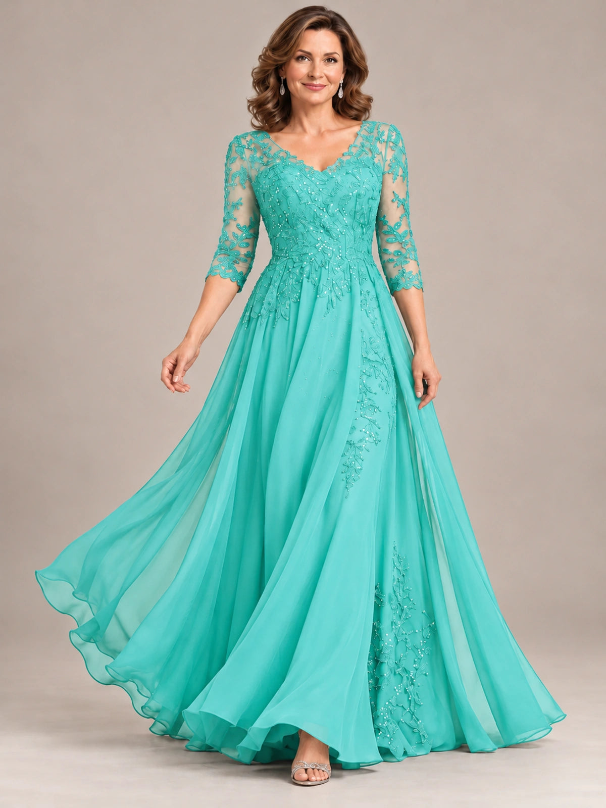 Sequin Lace A-Line Mother of the Bride Dress with 3/4 Sleeves