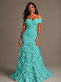 Pink Off-the-Shoulder Mermaid Prom Dress with Ruffles 3D Flowers
