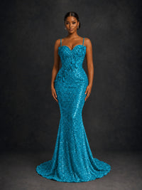 Sequin Mermaid Prom Dress with Floral Applique