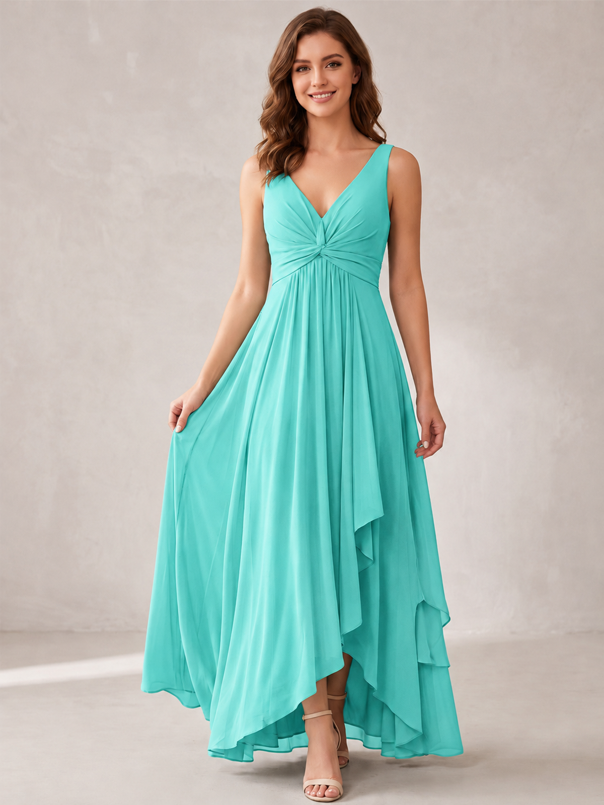 V-Neck High-Low Chiffon Bridesmaid Dress with Ruffles