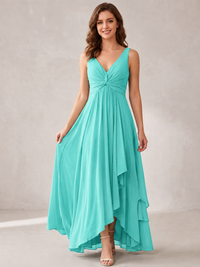 V-Neck High-Low Chiffon Bridesmaid Dress with Ruffles