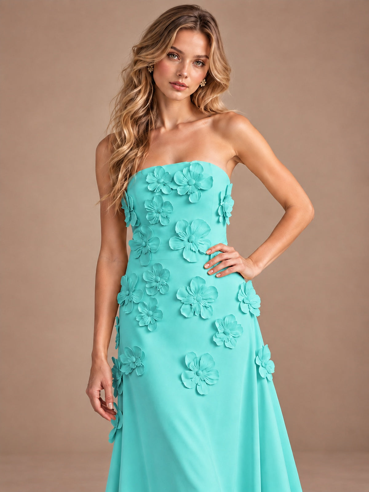 Yellow Strapless A-line Satin Maxi Dress with 3D Floral