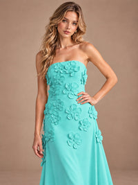 Yellow Strapless A-line Satin Maxi Dress with 3D Floral