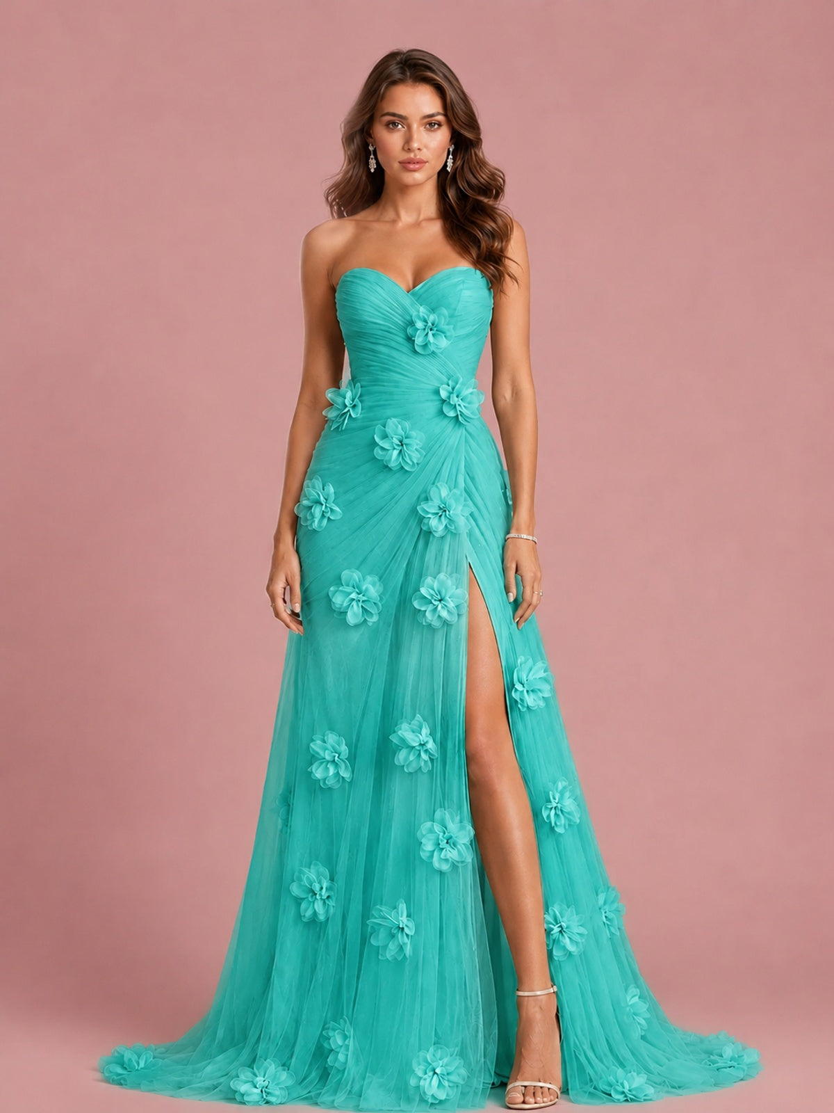 3D Floral Applique Strapless Tulle Prom Dress with High Slit