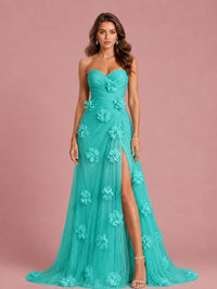 3D Floral Applique Strapless Tulle Prom Dress with High Slit
