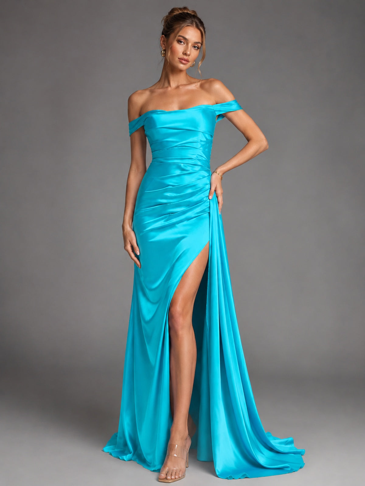 Off Shoulder Satin Maxi Dress with Slit