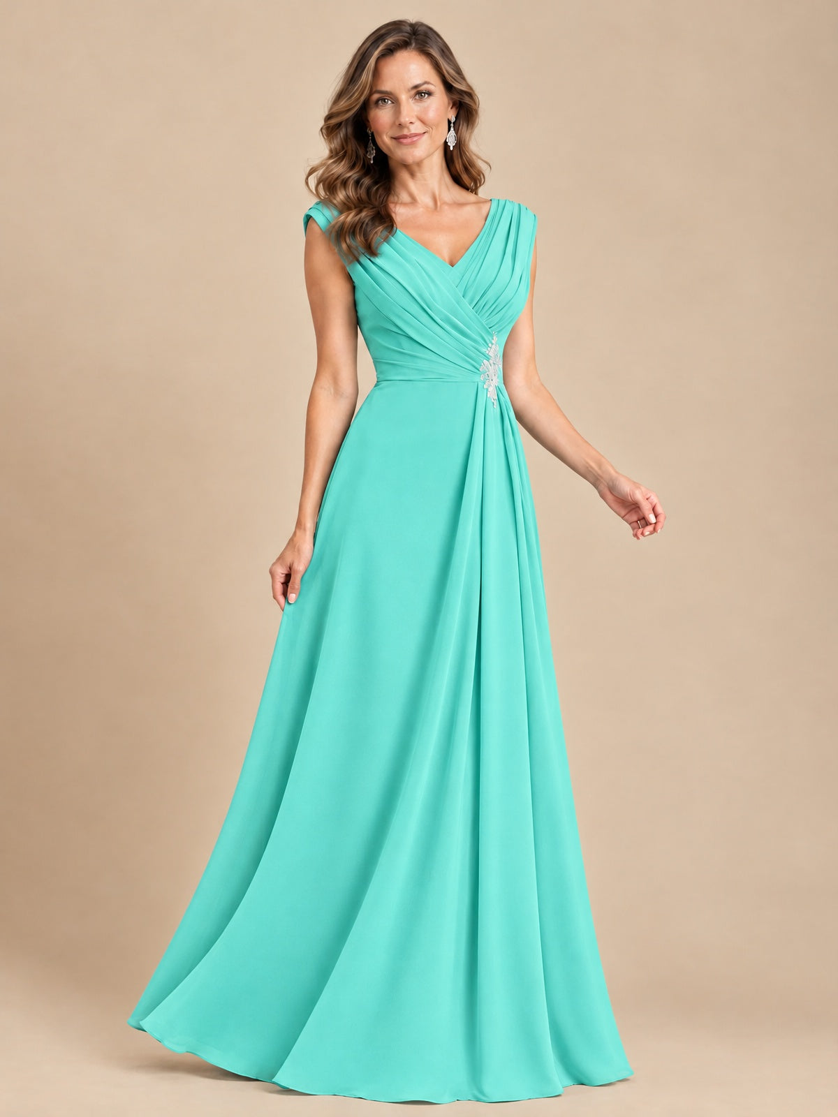 V Neck Pleated Mother of The Bride Dresses with Beading Cap Sleeves