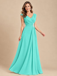 V Neck Pleated Mother of The Bride Dresses with Beading Cap Sleeves