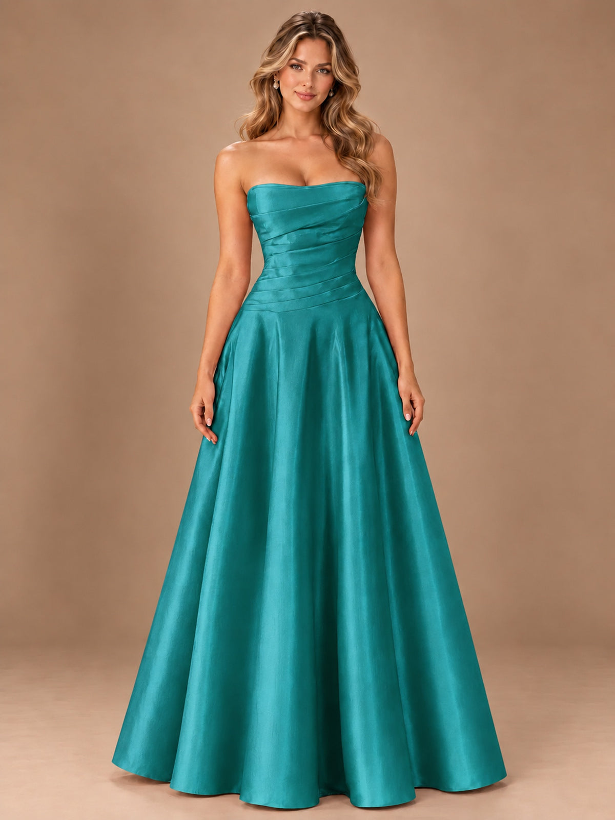 Blush Pink Strapless Satin A-Line Prom Dress with Ruched Bodice