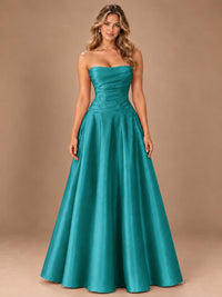 Blush Pink Strapless Satin A-Line Prom Dress with Ruched Bodice