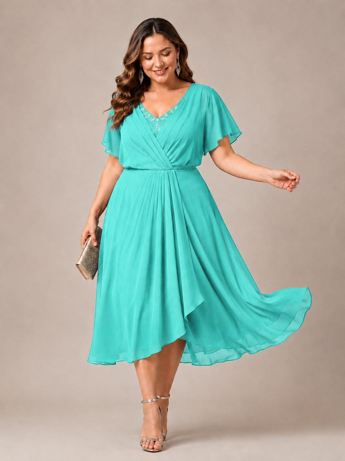 Navy Blue A-Line V-Neck Tea-Length Mother of the Bride Dress