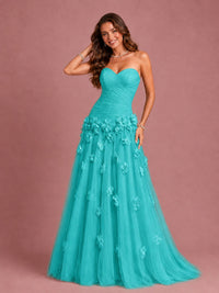 Blush Pink Strapless Sweetheart 3D Floral Tulle Ball Gown Prom Dres