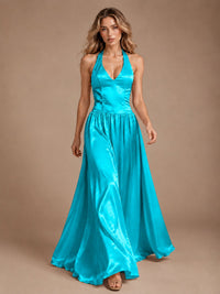 Pink V Neck Halter Satin Maxi Dress