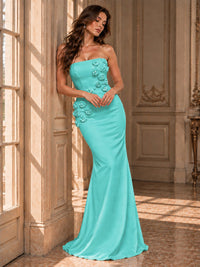 White Strapless Mermaid Maxi Dress with 3D Floral Appliques