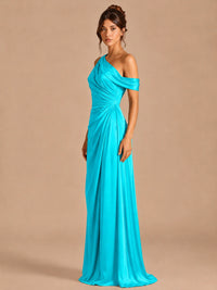 Satin One Shoulder Prom Dress Ruched Long Formal Evening Gown