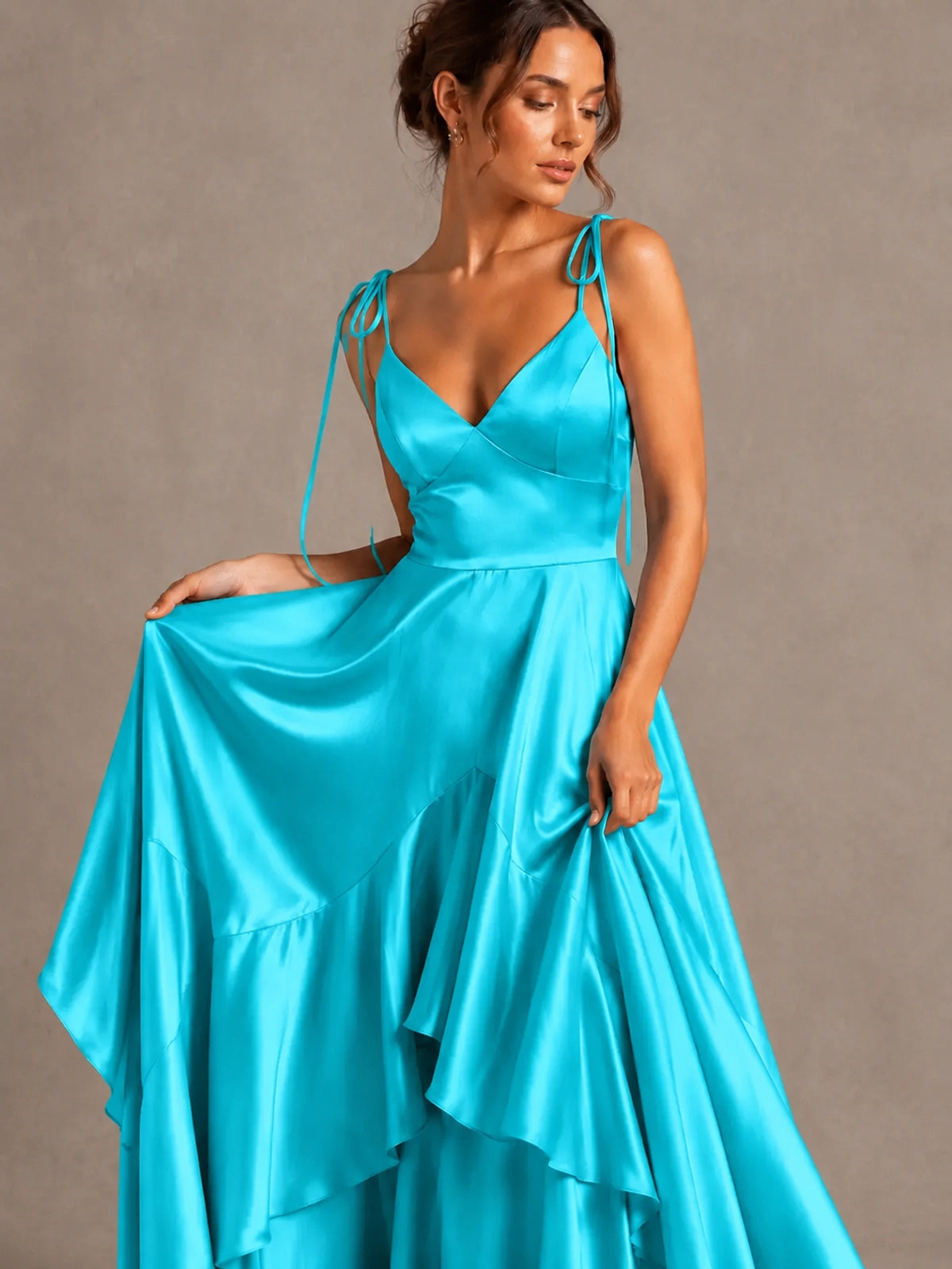 Lavender Satin V-Neck Ruffle Maxi Dress