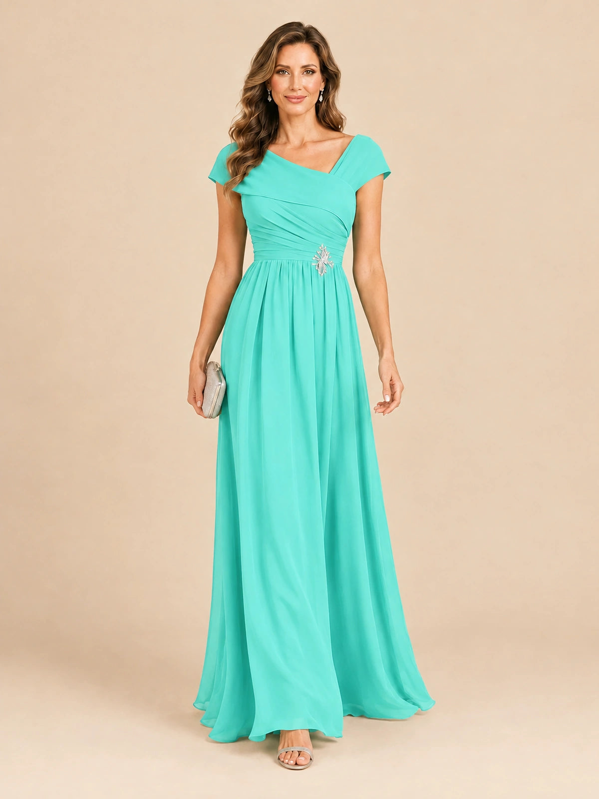 Cap Sleeve Mother of The Bride Dresses Long Chiffon Formal Gowns