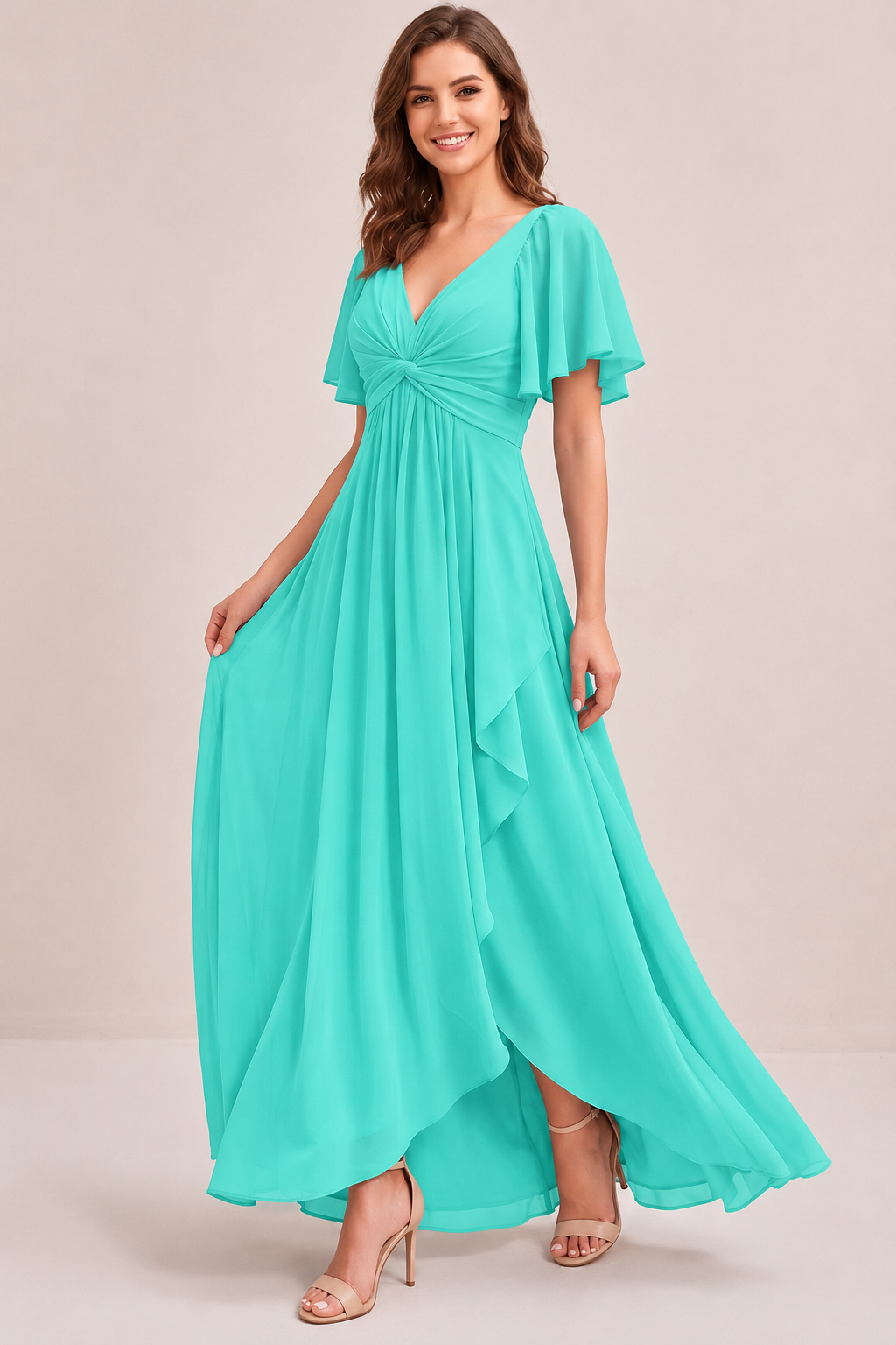 Dusty Blue Chiffon Bridesmaid Dress with Flutter Sleeves & High-Low Hem