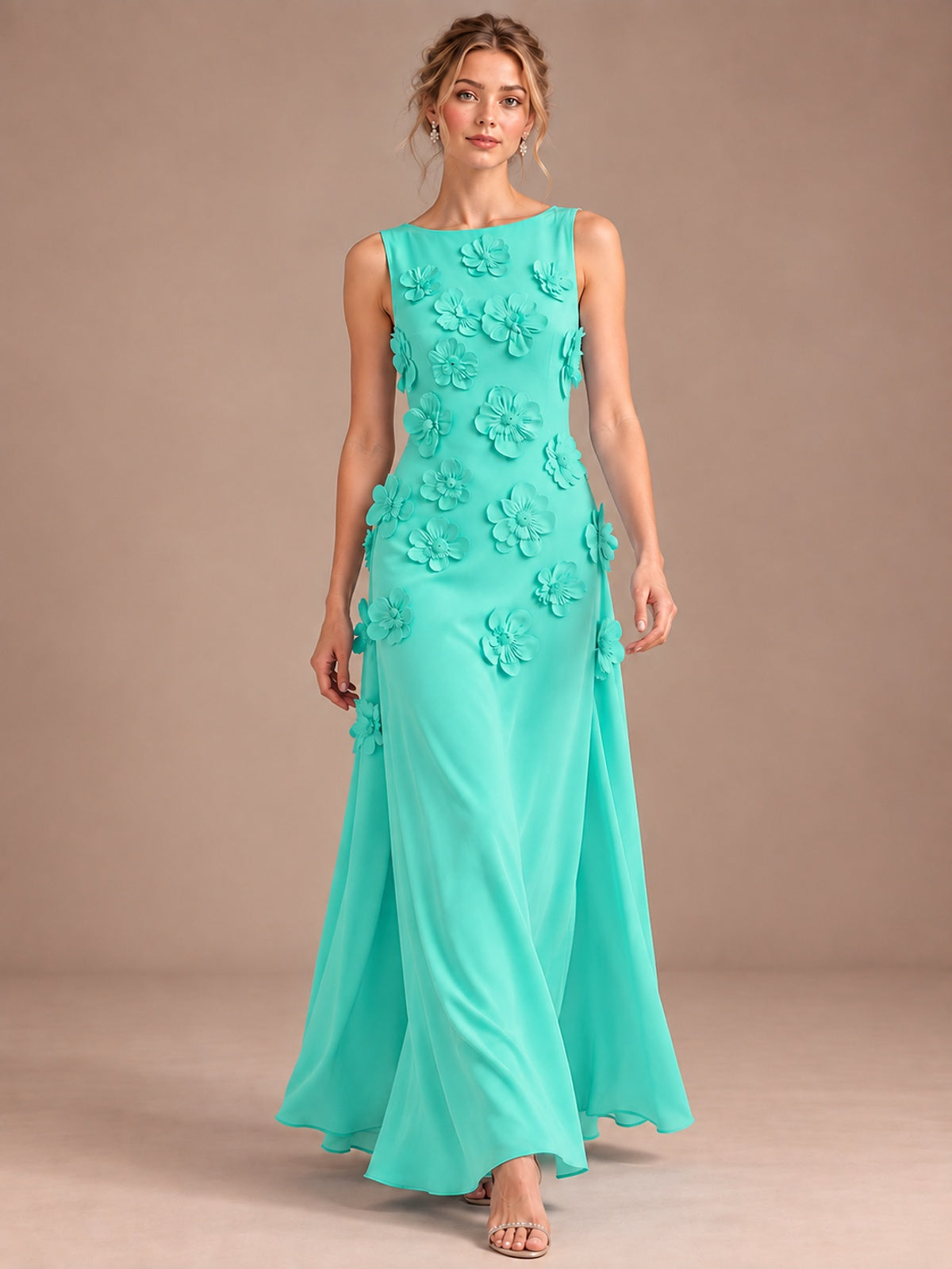 3D Floral Applique Sleeveless Formal Maxi Dress