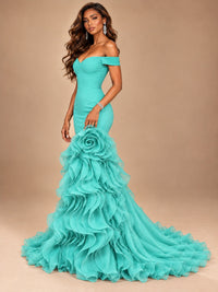 Dusty Blue Off-the-Shoulder Mermaid Prom Dress with 3D Rose & Ruffles