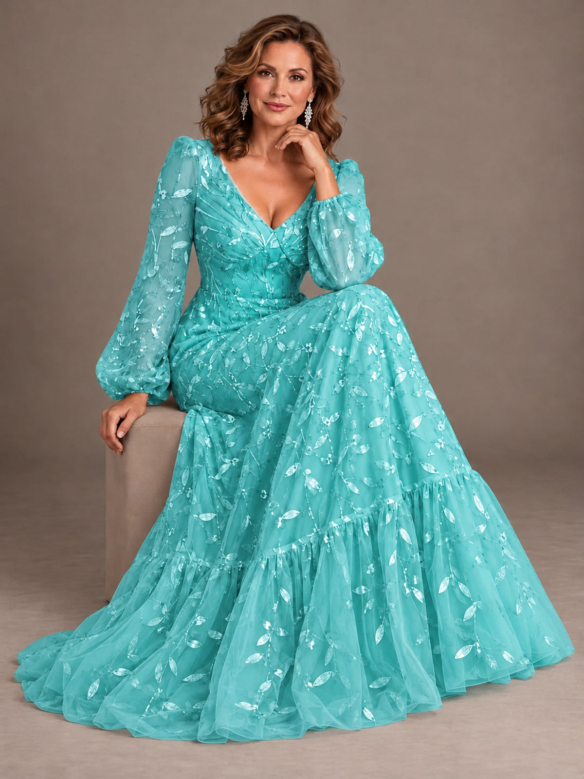 Floral Sequin Embroidered A-Line Mother of the Bride Dress with Long Sleeves