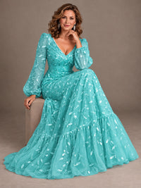 Floral Sequin Embroidered A-Line Mother of the Bride Dress with Long Sleeves
