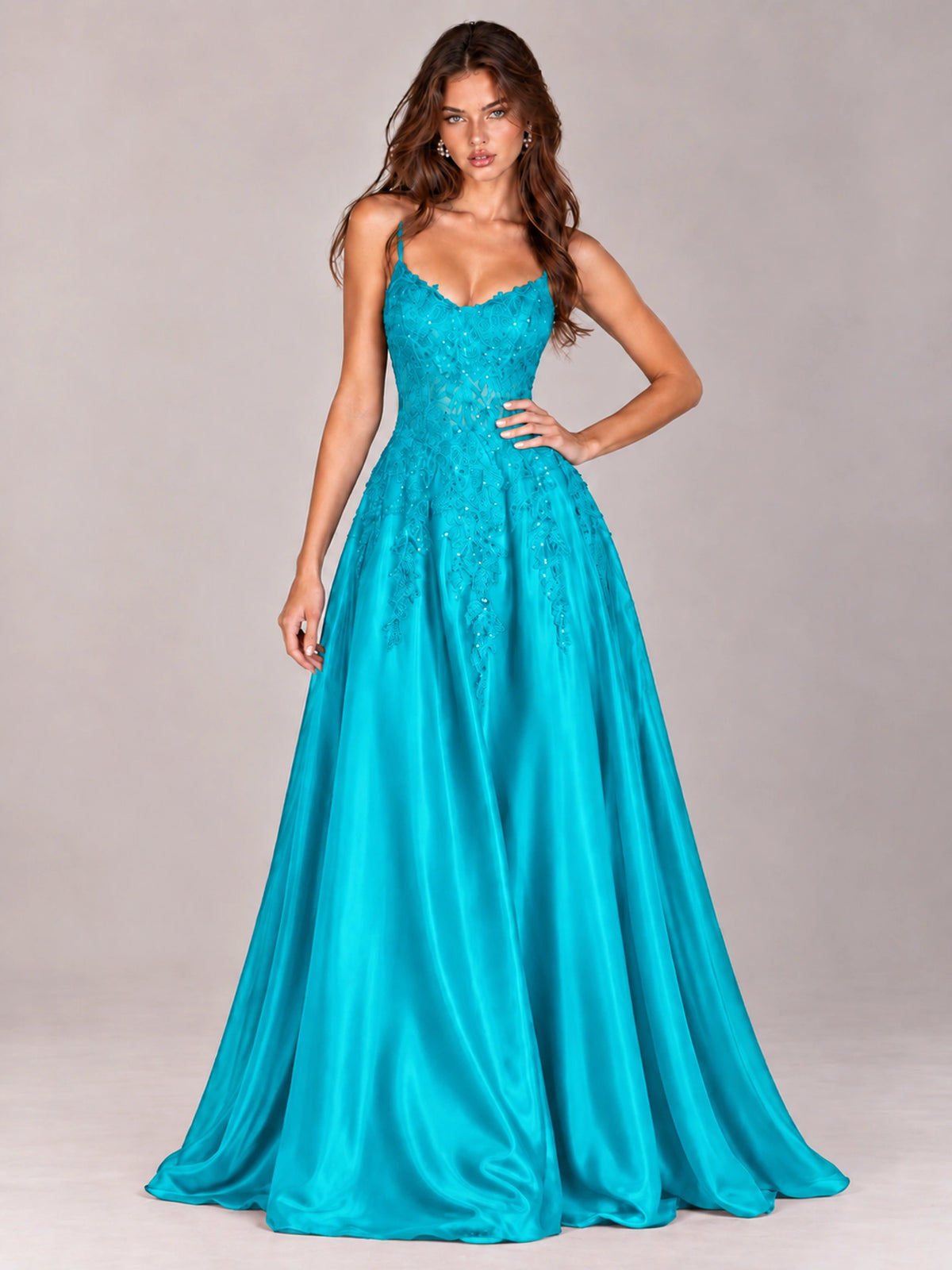 Lace Applique Satin A-Line Prom Dress with Sheer Bodice