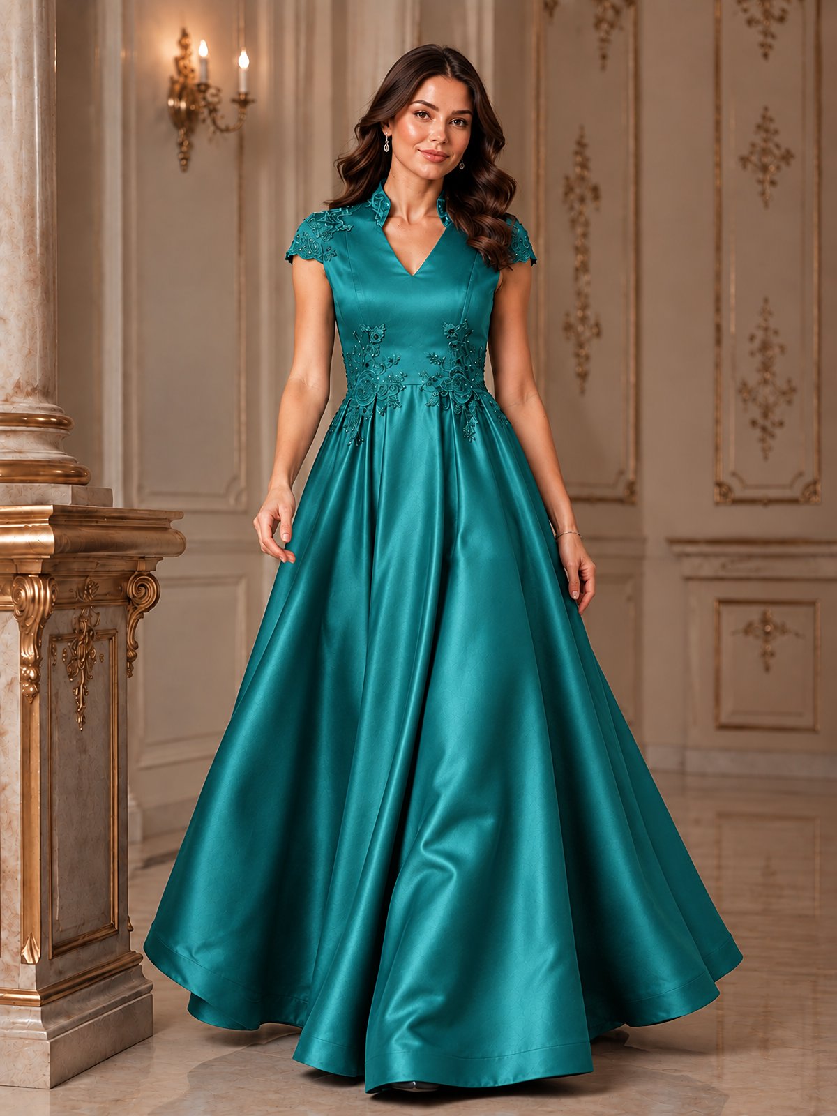 Lace Appliqué A-Line Satin Maxi Dress