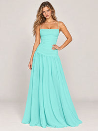 Butter Yellow Ruched Spaghetti Strap Drop-Waist Prom Dress