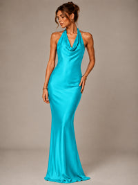 Olive Green Halter Satin Mermaid Maxi Dress